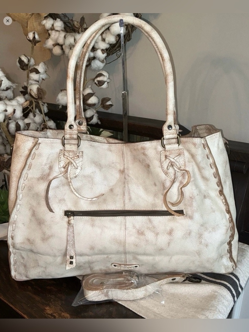 BED|STU Rockaway  Cream & Tan Tie-Dye Leather Tote with Top Handles - Picture 2 of 16